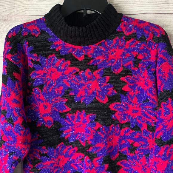 Vintage Floral Sweater Mock Turtleneck 80s 90s Neon Pink Purple Glitter Retro - Picture 2 of 15